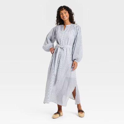 Women's Flounce Long Sleeve Collared Neck Maxi Shirtdress - Universal Thread™ Navy Blue L | Target