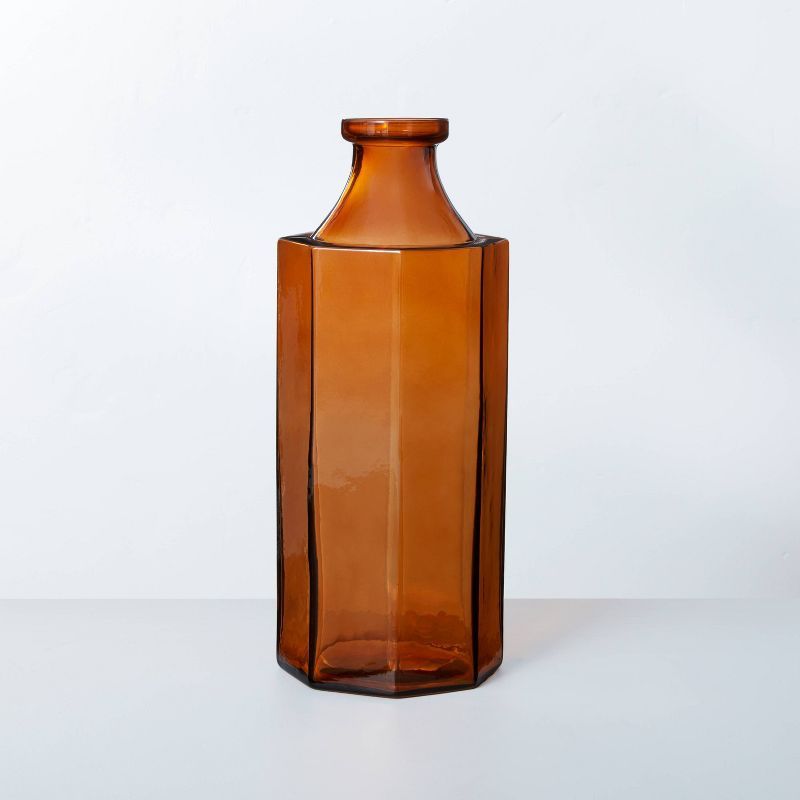 Large Octagonal Amber Glass Bottle Vase - Hearth &#38; Hand&#8482; with Magnolia | Target
