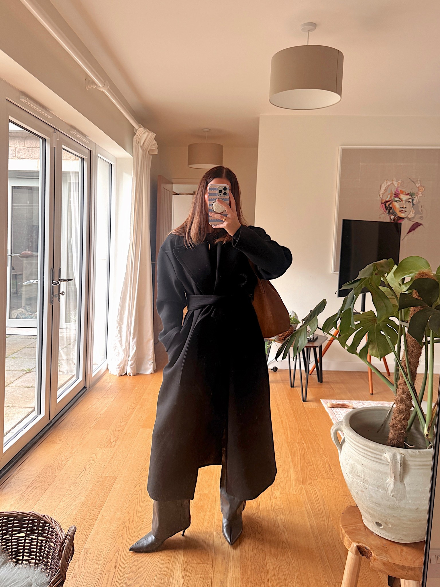 All black outfit 
Black long wool belted coat 
Leather wide leg trouser 
Kitten heel boots
Suede bag 

#LTKuk #LTKeurope #LTKwinter
