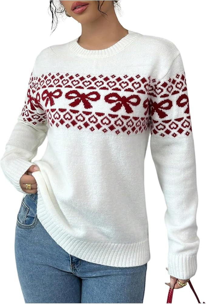 Milumia Women's Heart Bow Print Knitted Sweater Long Sleeve Crewneck Casual Pullover Tops | Amazon (US)