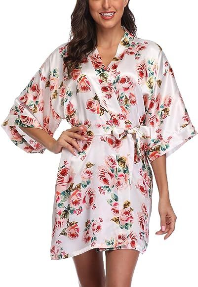 Women's Satin Floral Kimono Robe Short Bridesmaid Bathrobe for Wedding Party | Amazon (US)