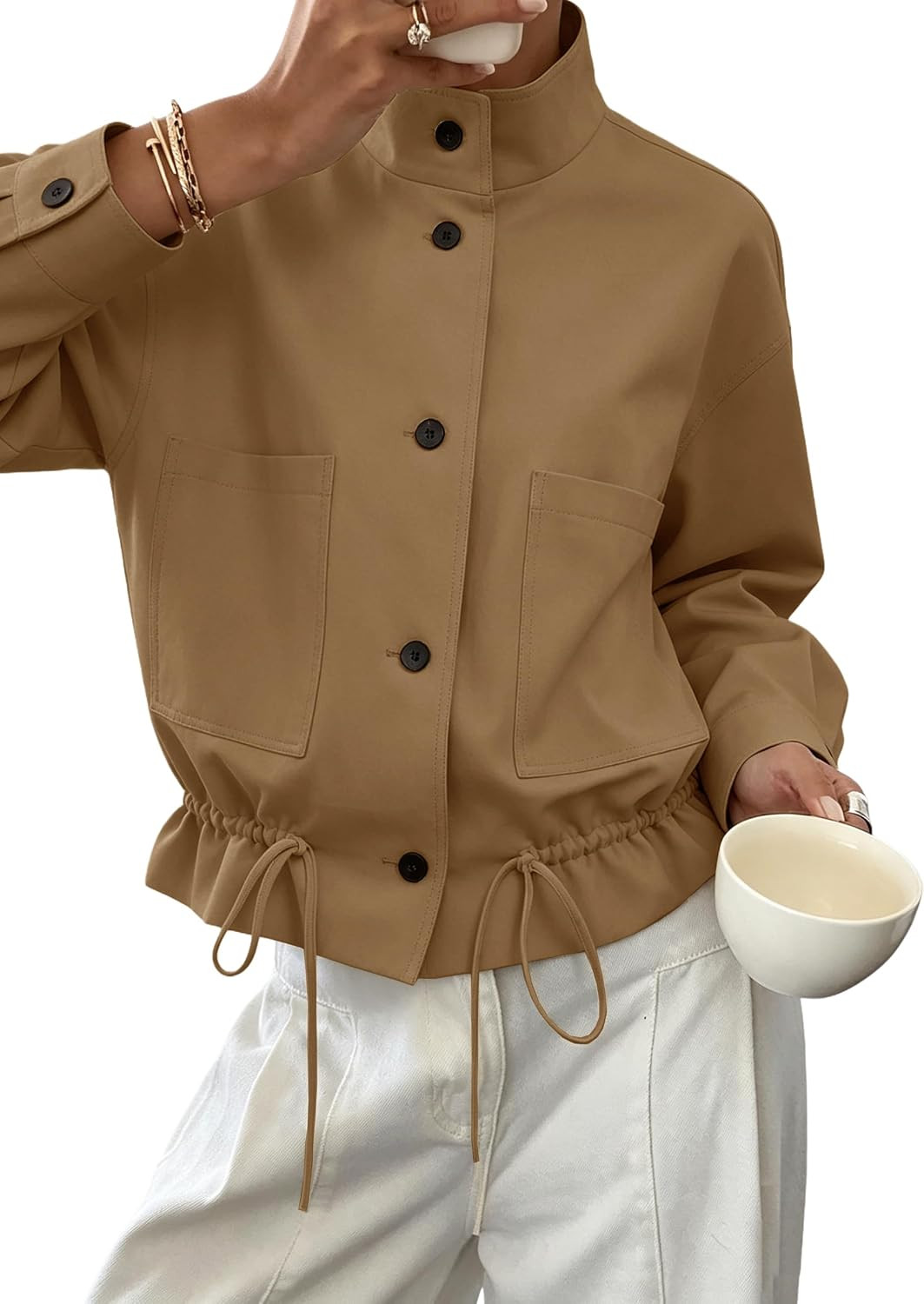 Womens Funnel Neck Jackets Fall Casual Ruffle Hem Cropped Coats | Amazon (US)