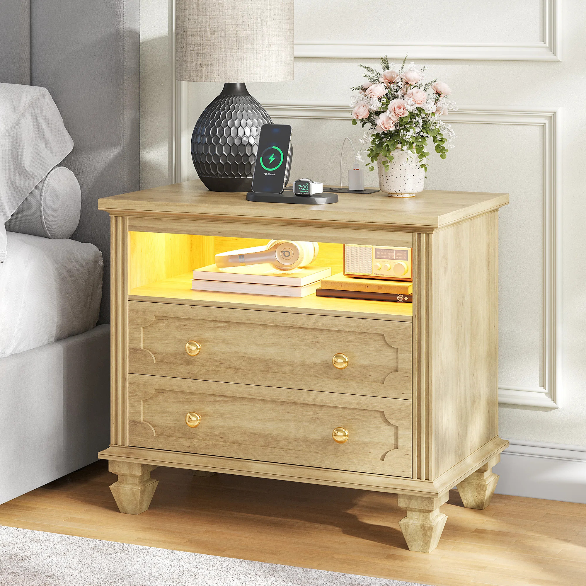 28" Nightstand With 2 - Drawer, Charging Station And Led Light | Wayfair North America