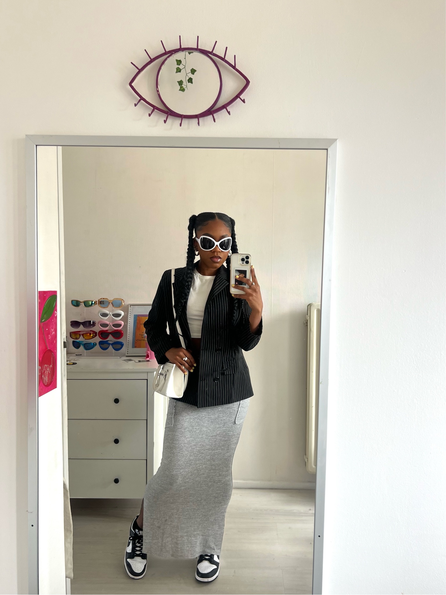 casual fashion. capsule wardrobe. casual outfit. blazer outfit. fall outfit. statement sunglasses. maxi skirt. grey maxi skirt. petite maxi skirt. nike dunk low. panda nike dunk. black and white outfit. black girl fashion. white sunglasses. back to school outfit. airport outfit. neutral outfit. black blazer. 

#LTKunder50 #LTKFind #LTKstyletip