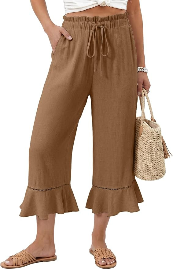 EVALESS Linen Pants Women Summer Casual Wide Leg Drawstring Elastic Waist Ruffle Hem Capri Pants ... | Amazon (US)