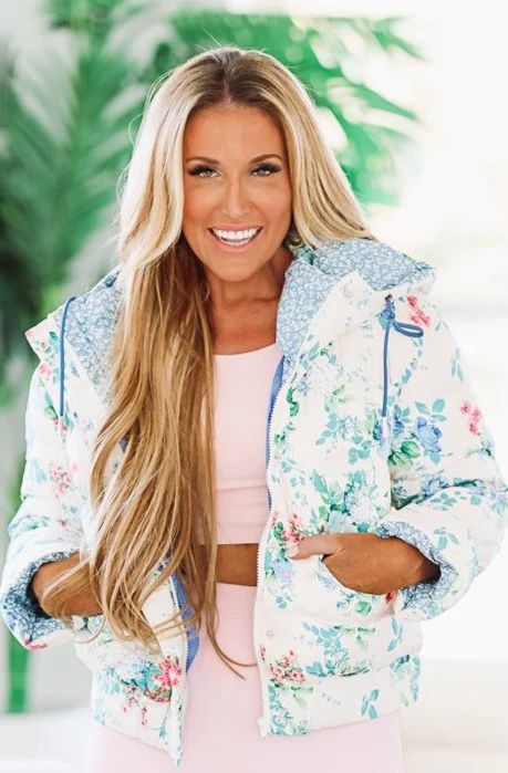 Floral Puffer Jacket - White and Blue | Hazel and Olive