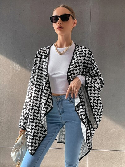 Houndstooth Print Asymmetrical Hem Cape Coat | SHEIN