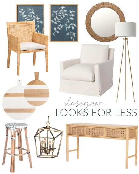 Designer looks for less include a round rope wall mirror, blue and white honeysuckle wall art, a natural finish rattan chair, a tripod floor lamp, an upholstered swivel chair, cutting boards, a white and black barstool, a woven drawer console in a natural finish and a four-light chandelier. 

look for less home, designer inspired, beach house look, amazon haul, amazon must haves, area rug amazon, home decor, Amazon finds, Amazon home decor, simple decor, target home décor, amazon faux trees, Walmart home décor, walmart finds, targetfanatic, targetdoesitagain, target home, studio mcgee, target finds, walmart chair, dining chairs, living room chairs, world market chairs, amazon mirrors, target wall art, canvas art, neutral design, island bar stool, kitchen accessories, charcuterie boards, wall mirror, kitchen decor, simple decor, coastal decorating, coastal design, coastal inspiration #ltkfamily #ltkfind 

#LTKSeasonal #LTKstyletip #LTKunder50 #LTKunder100 #LTKhome #LTKsalealert #LTKsalealert #LTKhome #LTKunder100