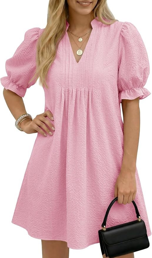 Wenrine Womens Summer Puff Short Sleeve Mini Dress Textured V Neck Casual Loose Ruffle Babydoll D... | Amazon (US)