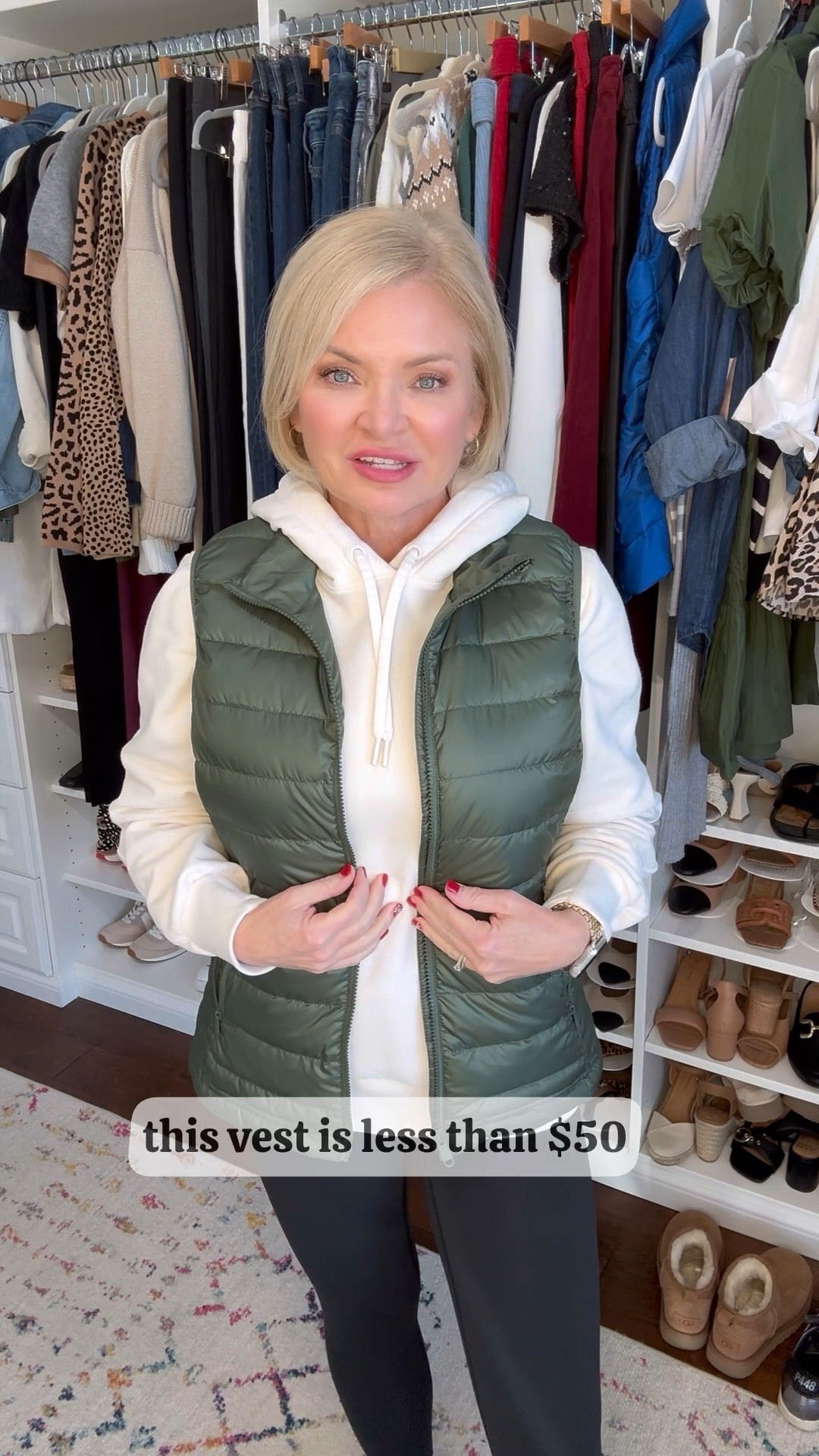 It's puffer vest season! Why overspend when you can get a REAL goose down puffer vest for less than $50? I sized up to a medium to accommodate bulkier tops underneath. Wearing Small hoodie, Medium leggings. 

Puffer vest
Winter outfit
Athleisure
Activewear
Over 50
Cozy
Affordablee

#stylewithserena
#fashionover50
#puffervest
#athleisure
#winteroutfit

#LTKWatchNow #LTKFindsUnder50 #LTKActive