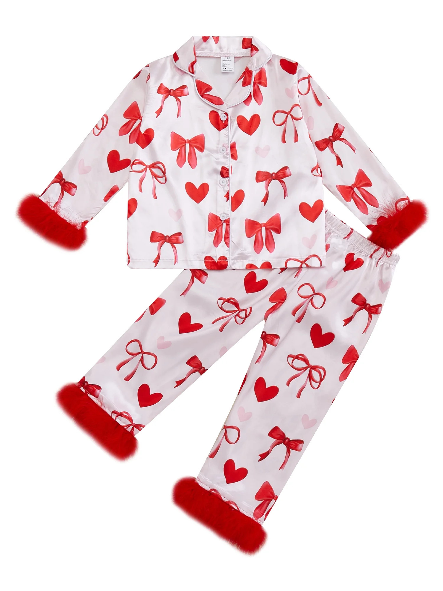 Kids Girl Valentine's Day Satin Pajama Sets Feather Trim Heart Bow Print Button-up Tops Long Pant... | Walmart (US)