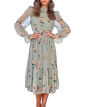 ANRABESS Women's Floral Chiffon Midi Dress Puff Long Sleeve Mock Neck Summer Wedding Guest Party ... | Amazon (US)
