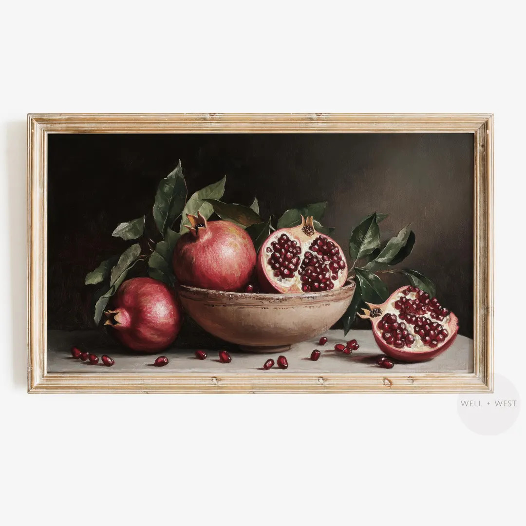 Vintage Pomegranate Frame TV Art | Dark Moody Pomegranate Painting | Fall Fruit Still Life | Autu... | Etsy (US)