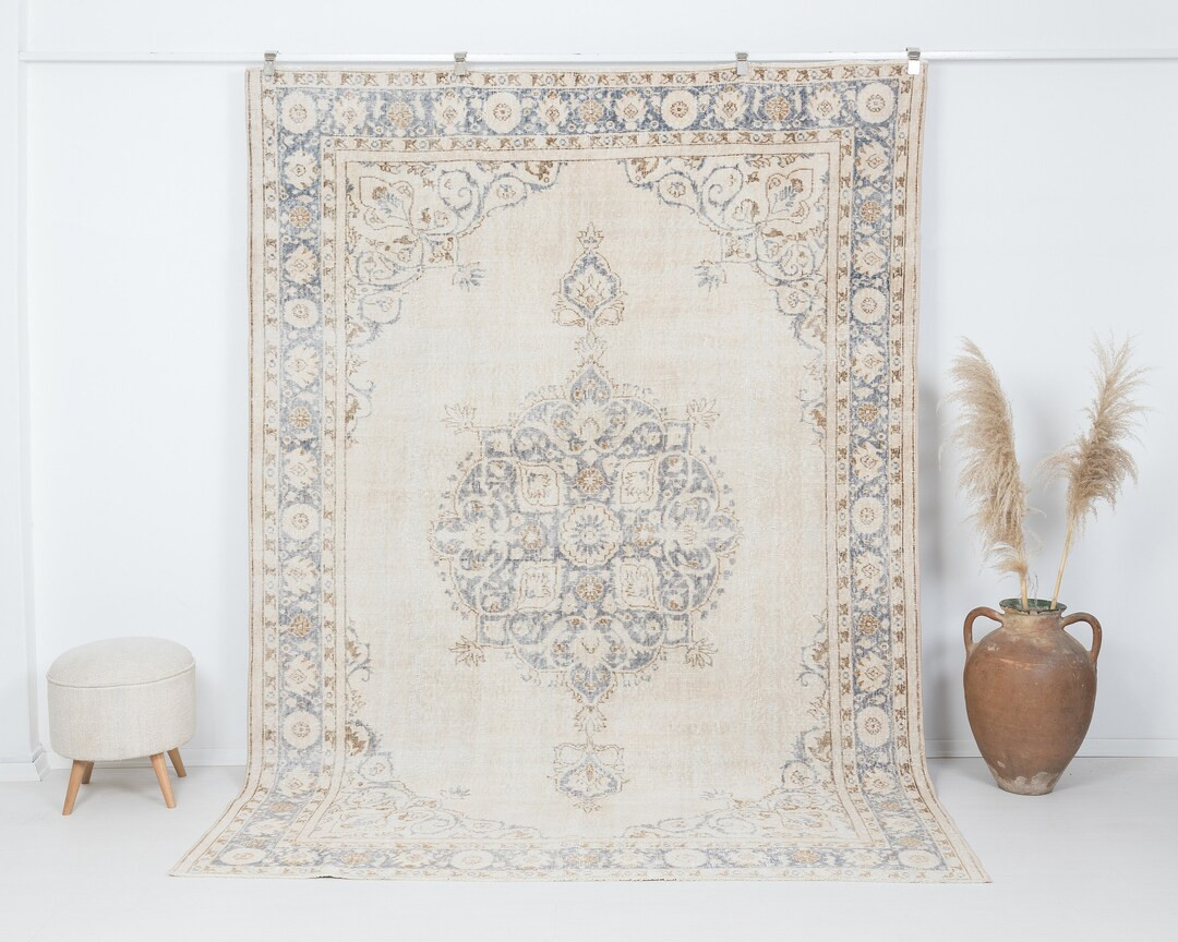 7x10 Vintage Rug, Neutral Turkish Rug, Low Pile Rug, Oushak Rug, Anatolian Rug, Oversized Rug, Ha... | Etsy (US)