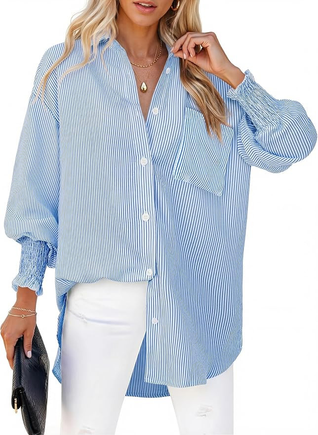 Womens Button Down Shirts Smocked Cuffed Blouse Long Sleeve Striped Button Up Shirts Office Work ... | Amazon (US)