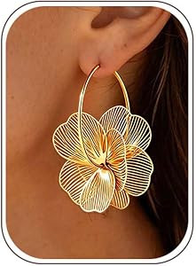 Gold Flower Dangle Earrings for Women Trendy Statement Hoop Earring Jewelry | Amazon (US)