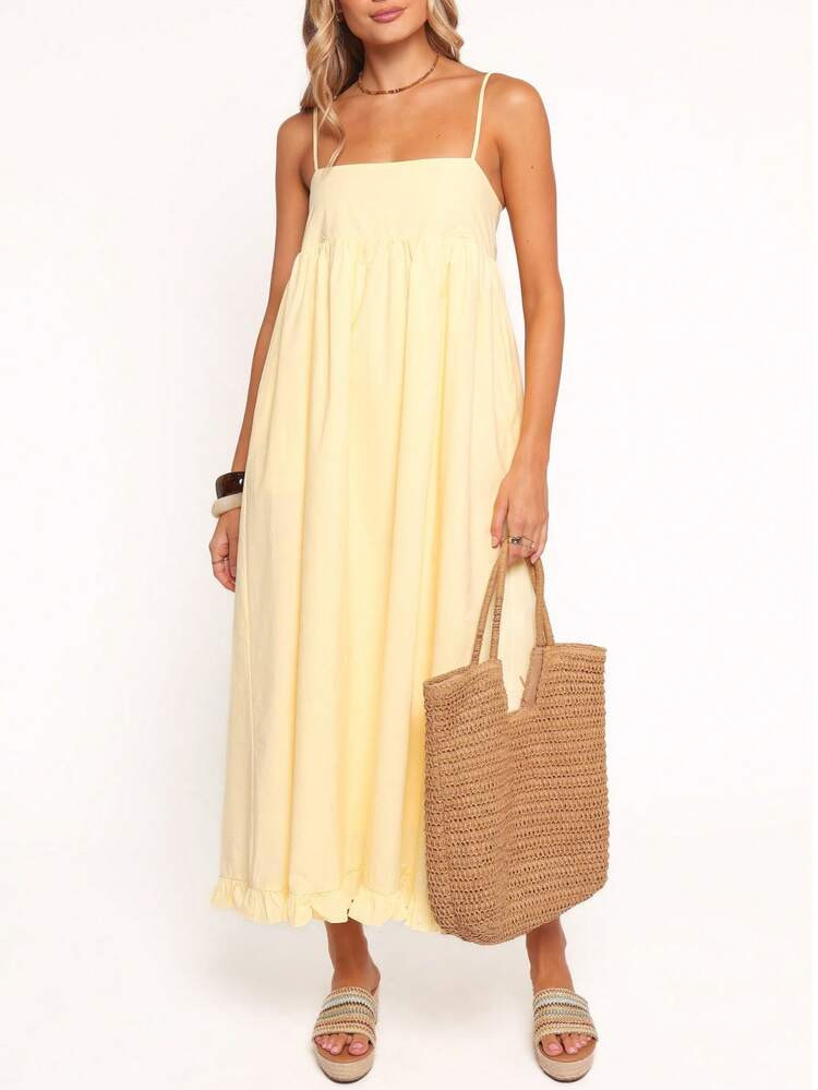 Cute Retro Women's Long Strap Sleeveless Ruffle Hem Flare Dress, Linen Blend Dress Elegant Party Summer | SHEIN