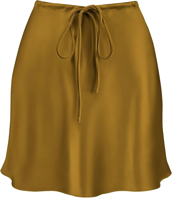 Women's Drawstring Satin Mini Skirt High Waisted Elegant Casual A-Line Flared Silk Short Skirts f... | Amazon (US)