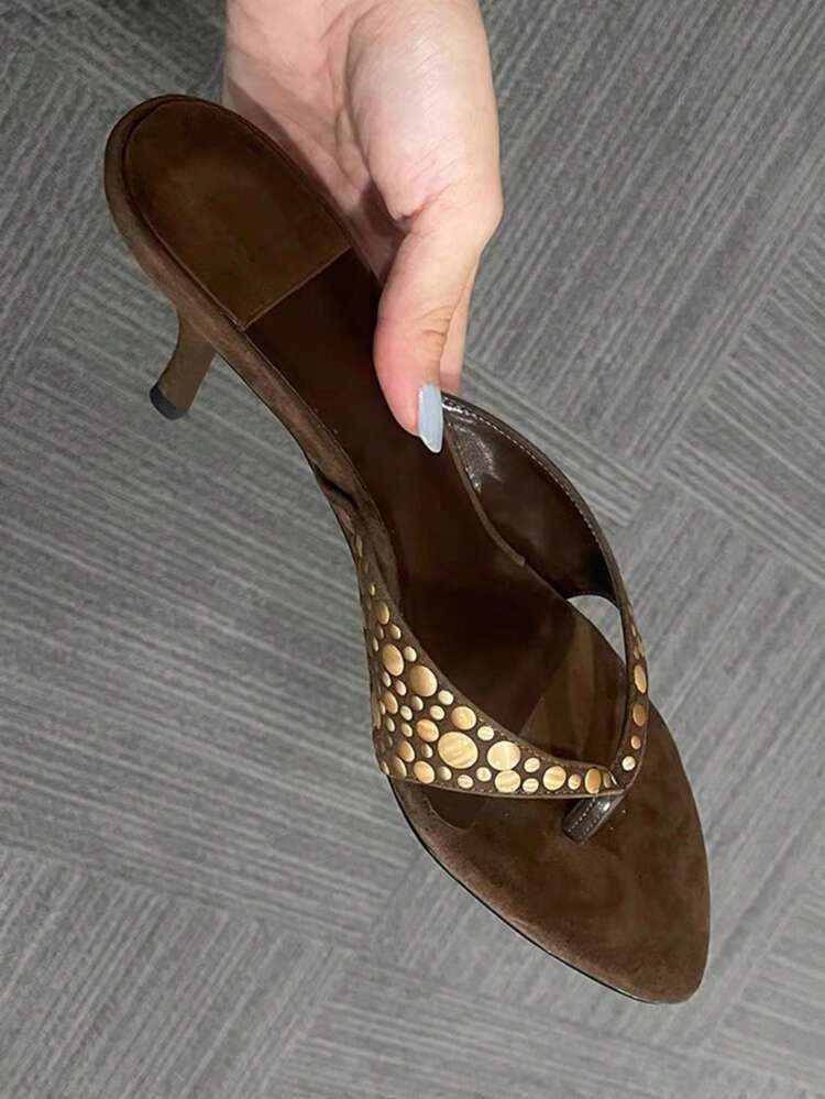 2025 New Fashionable Rivet Thong Sandals Faux Suede Wedge High Heel Slide Slippers For Women, Sum... | SHEIN