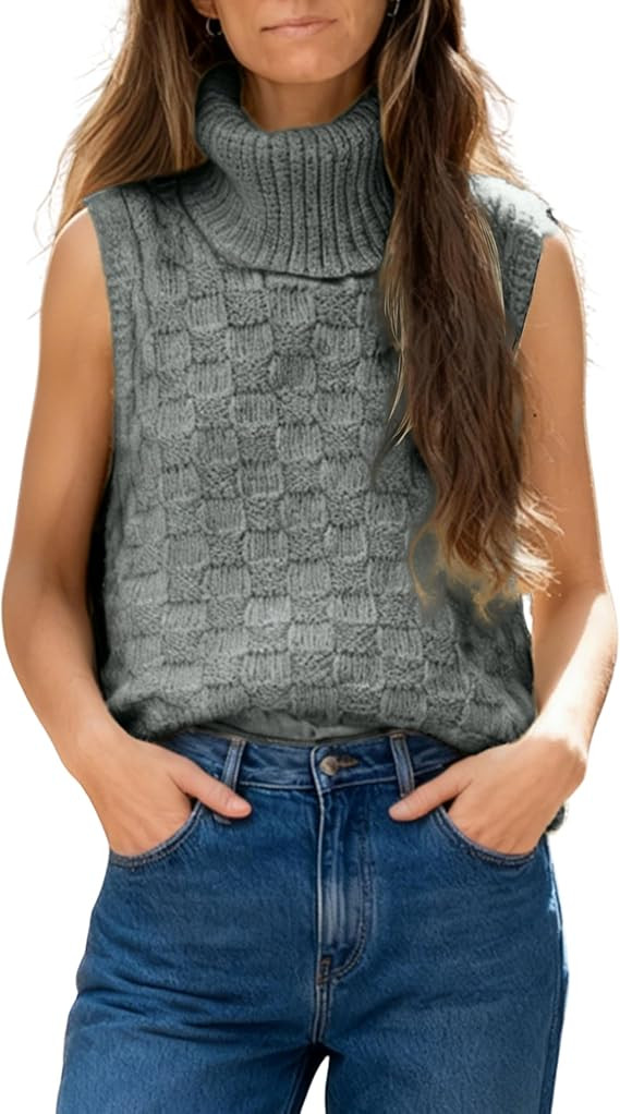 Huaqiao Womens Turtleneck Sweater Vest Sleeveless Pullover Knit Tank Tops Loose Solid Color Knitw... | Amazon (US)