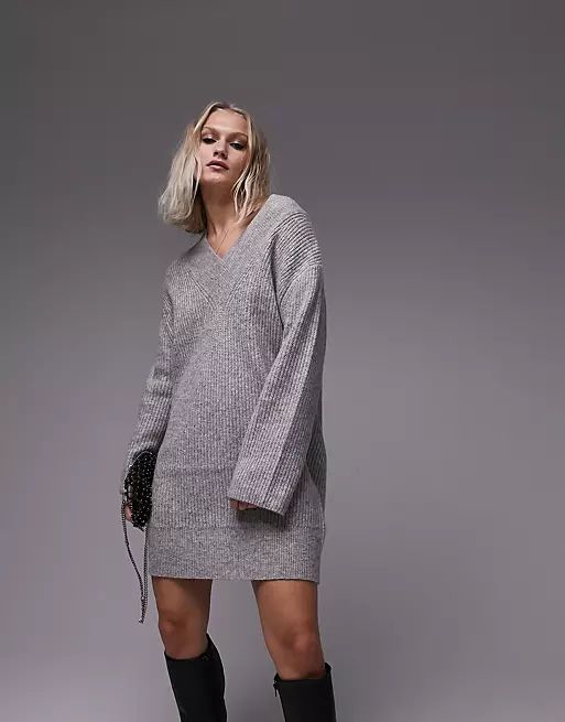 Topshop knit V-neck mini dress in charcoal marl | ASOS (Global)