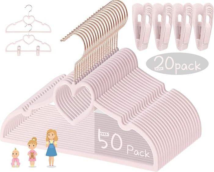 Pink Heart Velvet Baby Hangers - 50pack 13inch Toddler Hangers with 20pcs Clips, Premium Velvet S... | Amazon (US)