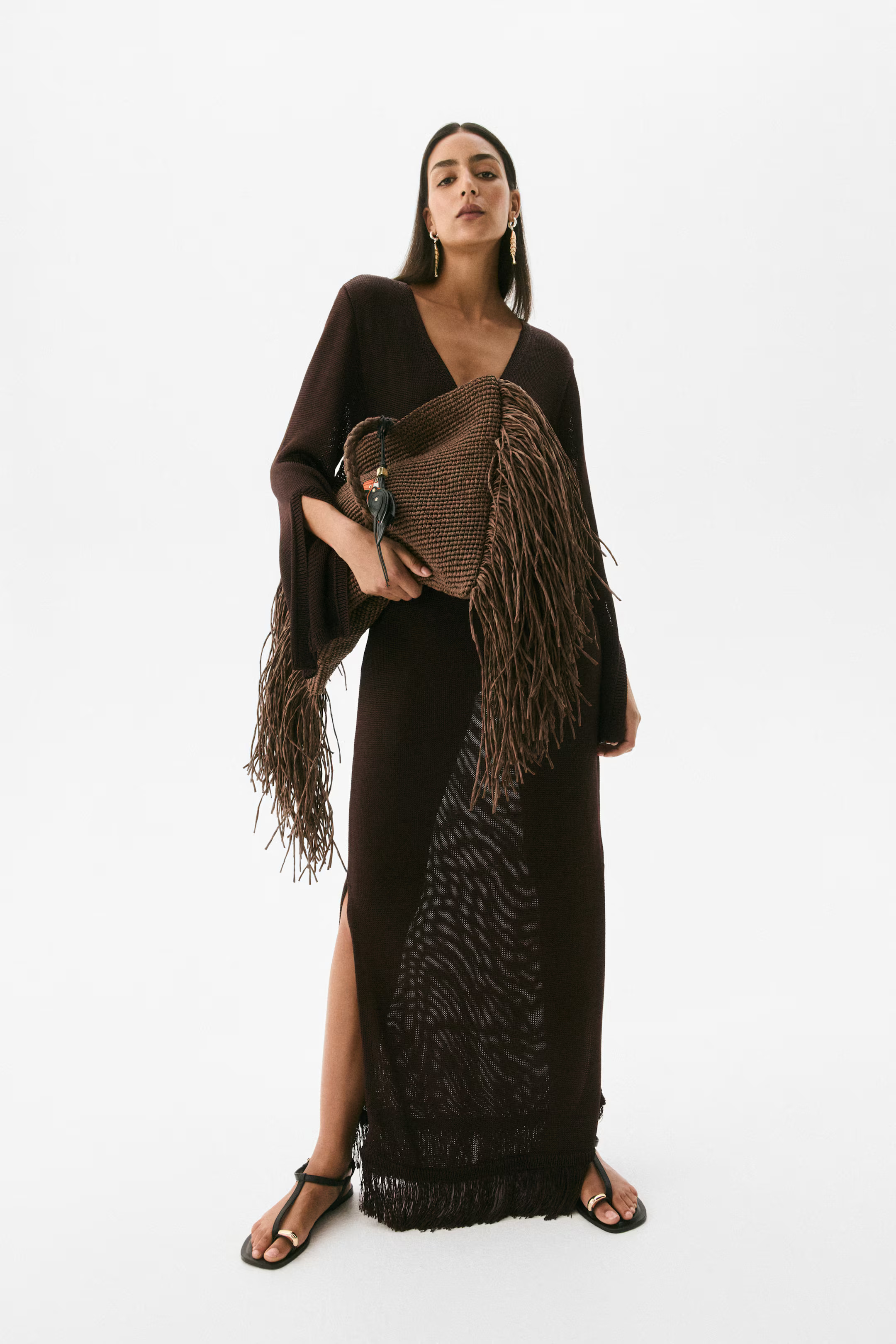 Fringe-trimmed kaftan dress - Dark brown - Ladies | H&M GB | H&M (UK, MY, IN, SG, PH, TW, HK)