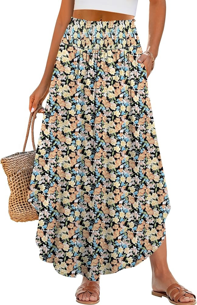 ANRABESS Women's Maxi Skirts Summer Boho Floral High Waisted Flowy Swing Pleated Beach Long Skirt... | Amazon (US)