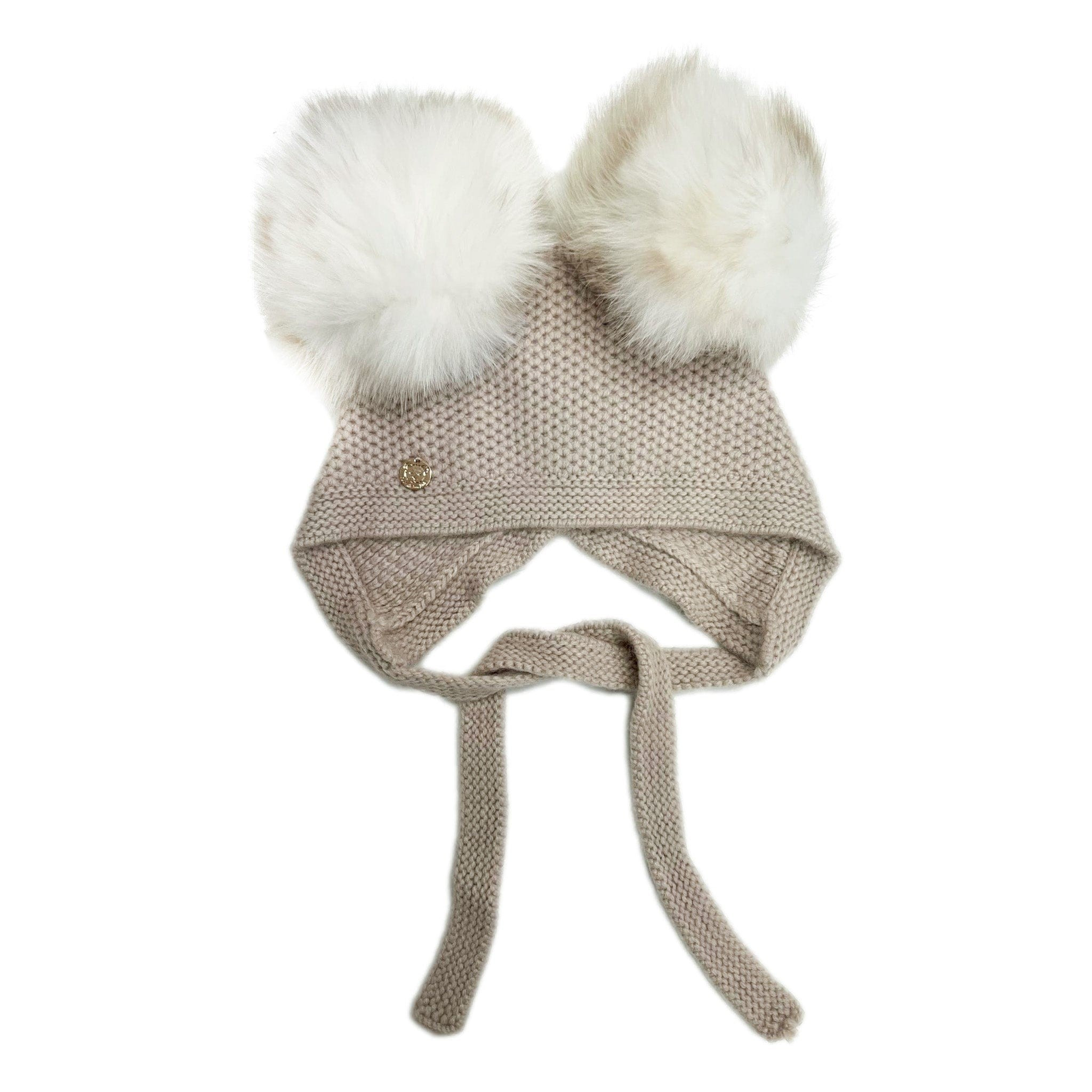 Honeycomb Beige Cashmere Bonnet with White Print Poms | petite maison kids