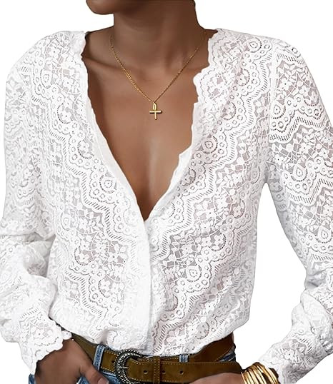Lace Tops for Women Dressy Casual Blouses Puff Long Sleeve V Neck Button Down Business Work Shirt... | Amazon (CA)