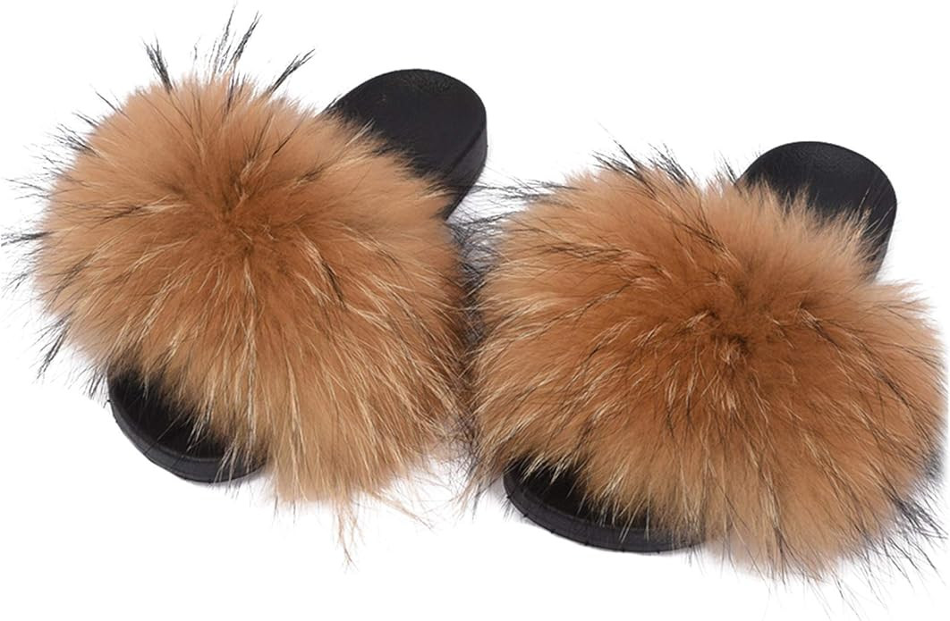 Valpeak Fur Slippers Slides for Women Open Toe Real Fox Fur Slippers Girls Fluffy House Slides Ou... | Amazon (US)