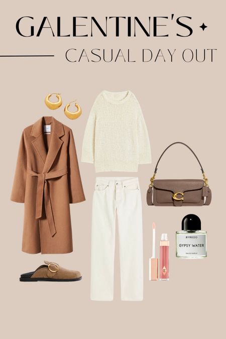 Galentine’s day outfit ideas - casual day out with the girls. 

White straight leg jeans, cream oversized knit jumper, camel brown belted coat, taupe coach tabby bag, slip on taupe mules (Birkenstock dupe), byredo gypsy water perfume, Charlotte tilbury lip gloss & gold hoop earrings  

#LTKitbag #LTKshoecrush #LTKstyletip