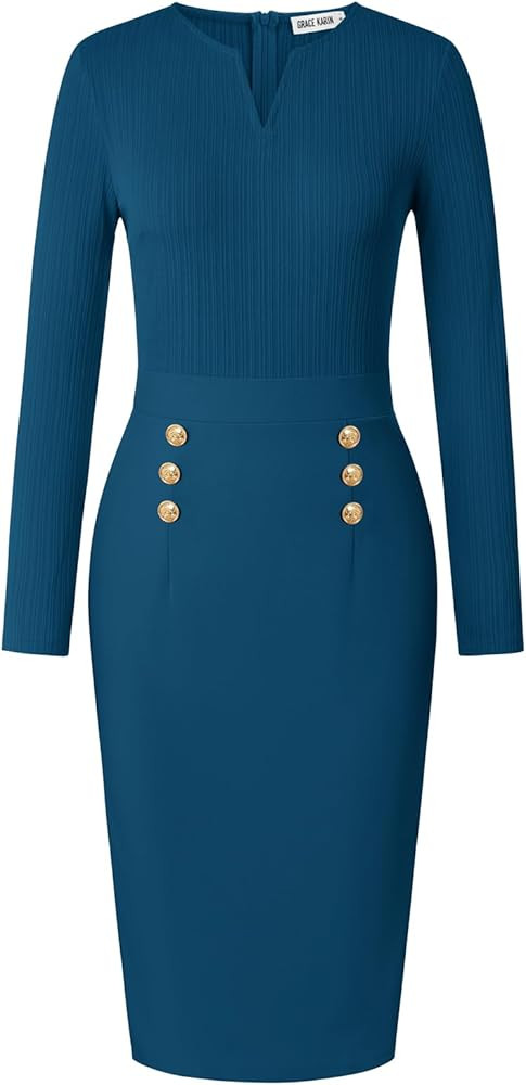 GRACE KARIN Women's 2025 Fall Henly V Neck Business Work Dress Long Sleeve Bodycon Midi Elegant O... | Amazon (US)