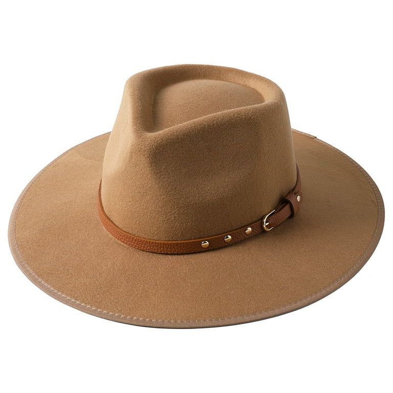 esafio Women Lady Elegant Wide Brim Hat Warm Wool Fedora Hat with Belt Buckle,Camel - Walmart.com | Walmart (US)