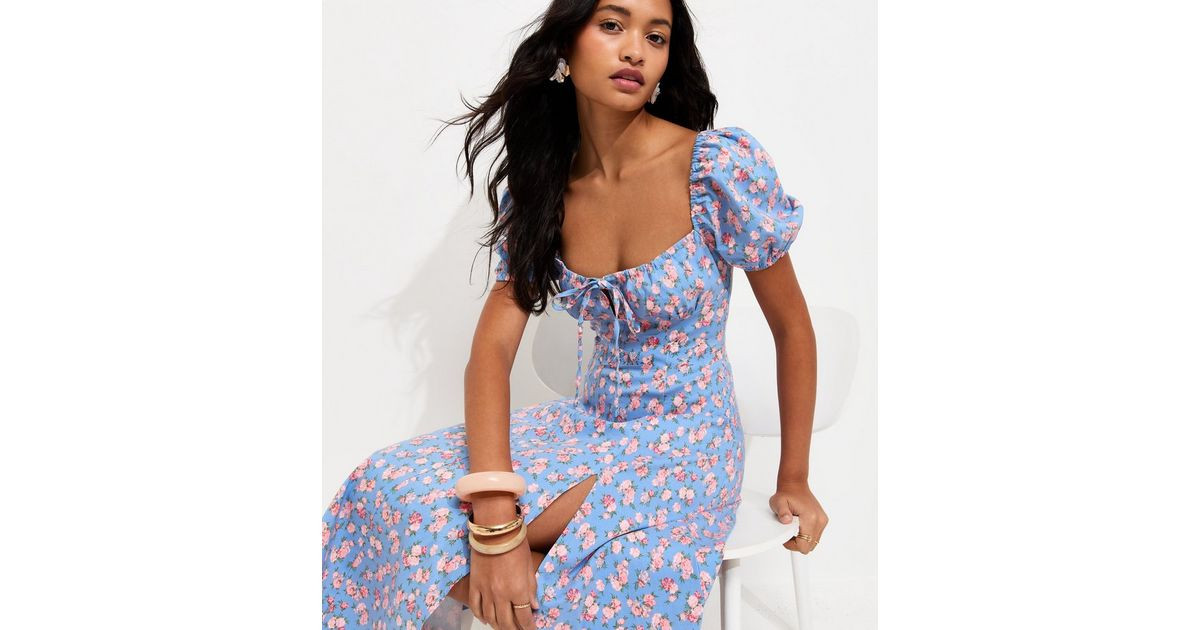 Blue Rose Print Milkmaid Midi Dress | New Look | New Look (UK)