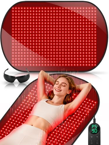 43'' x 26'' Red Light Therapy Mat for Body, 580 LEDs Near Infrared Light Therapy Pad Adjustable 10-90 min Timer, 660nm & 850nm Home Red Light Therapy for Back Belly Knee, 60W with Glasses | Amazon (US)