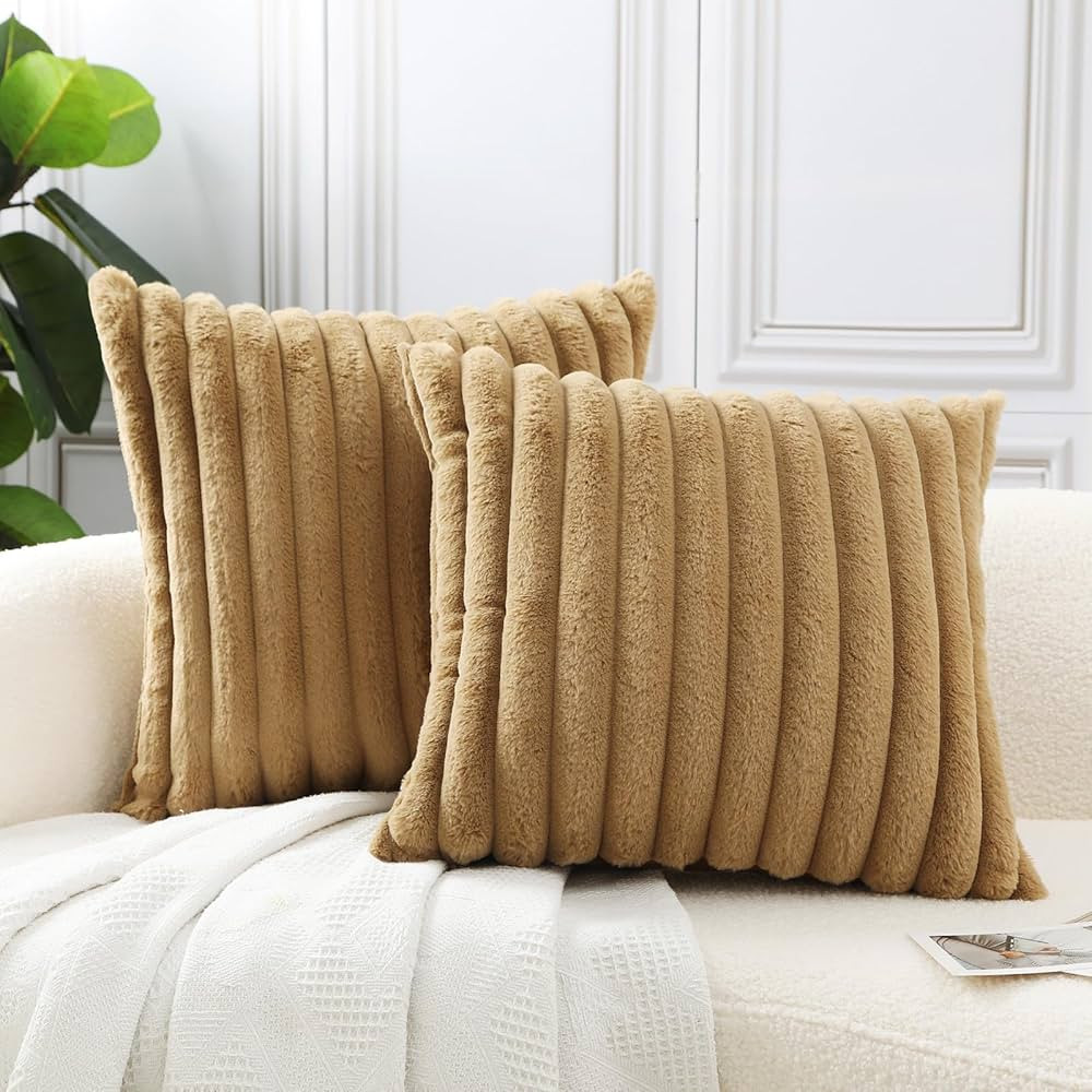 HPUK Faux Fur Plush Striped Throw Pillow Covers 18x18 Inch, Decorative Fluffy Couch Pillow Covers... | Amazon (US)