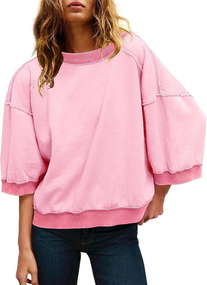 Panadila Womens Oversized Short Sleeve Sweatshirt Crewneck 3/4 Sleeve Tops Summer Cute Color Bloc... | Amazon (US)