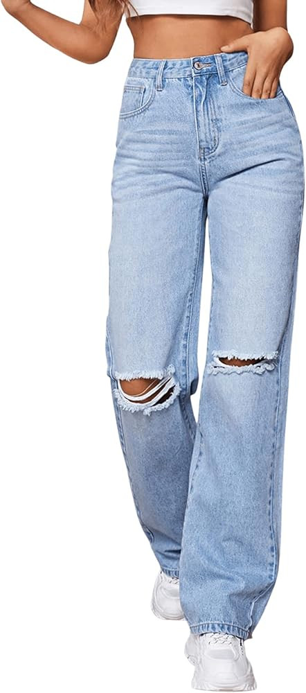 SweatyRocks Women's Ripped Straight Leg Jeans High Waist Distressed Cutout Denim Pants | Amazon (US)