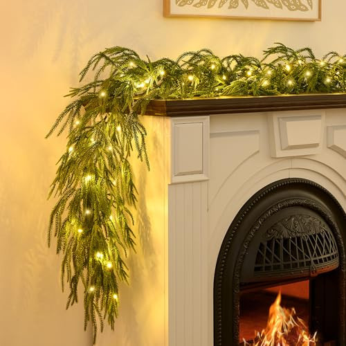 Christmas Garland with Lights for Mantle - 9FT Norfolk Pine Garland Pre-Lit Battery Operated Garlands, Real Touch Artificial Faux Greenery Garland for Fireplace, Table, Stairs & Christmas Decorations | Amazon (US)