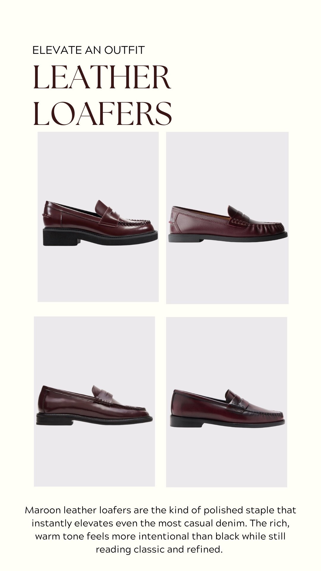 Maroon leather loafers are the kind of polished staple that instantly elevates even the most casual denim. The rich, warm tone feels more intentional than black while still reading classic and refined. Styled with jeans, they strike that effortless balance between relaxed and pulled-together—perfect for everyday wear with a luxe touch.

#LTKSeasonal #LTKSpringSale #LTKTravel