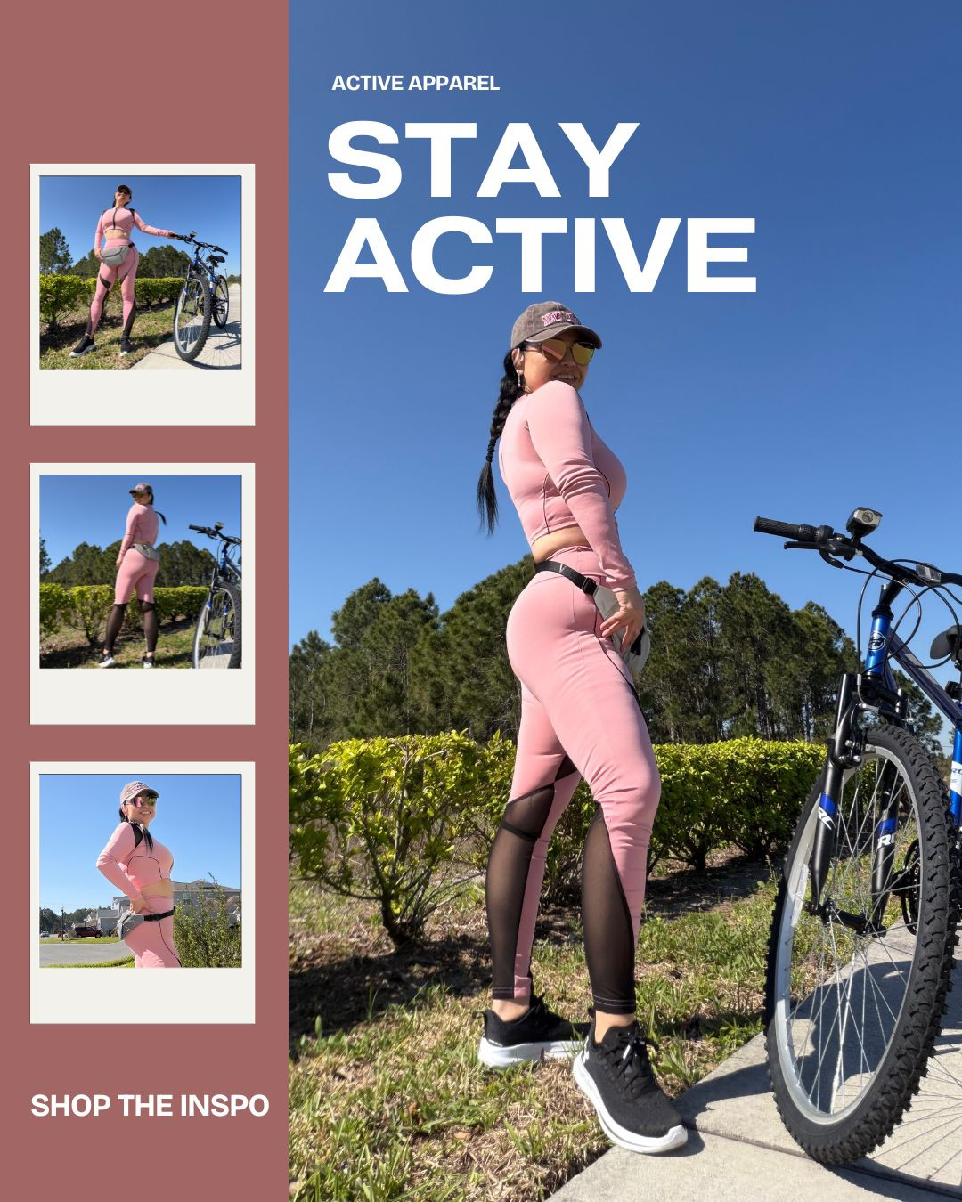 From morning rides to city streets, this look combines performance and style. The zip-up crop top and leggings move with every pedal, while mesh color-block details keep you cool. A metallic fanny pack, mirrored sunglasses, and a cap add the perfect finishing touch for a ride that’s as bold as it is effortless. Shop the Inspo!

IG: @michellemc8

#ActiveStyle
#BikeLife
#AthleisureVibes
#MeshAndMetallic
#RideInStyle 

 #LTKfitnessgoals #LTKActive #LTKU