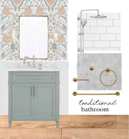 Traditional bathroom, wallpaper bath, eDesign, design boards, floral wallpaper, powder room 