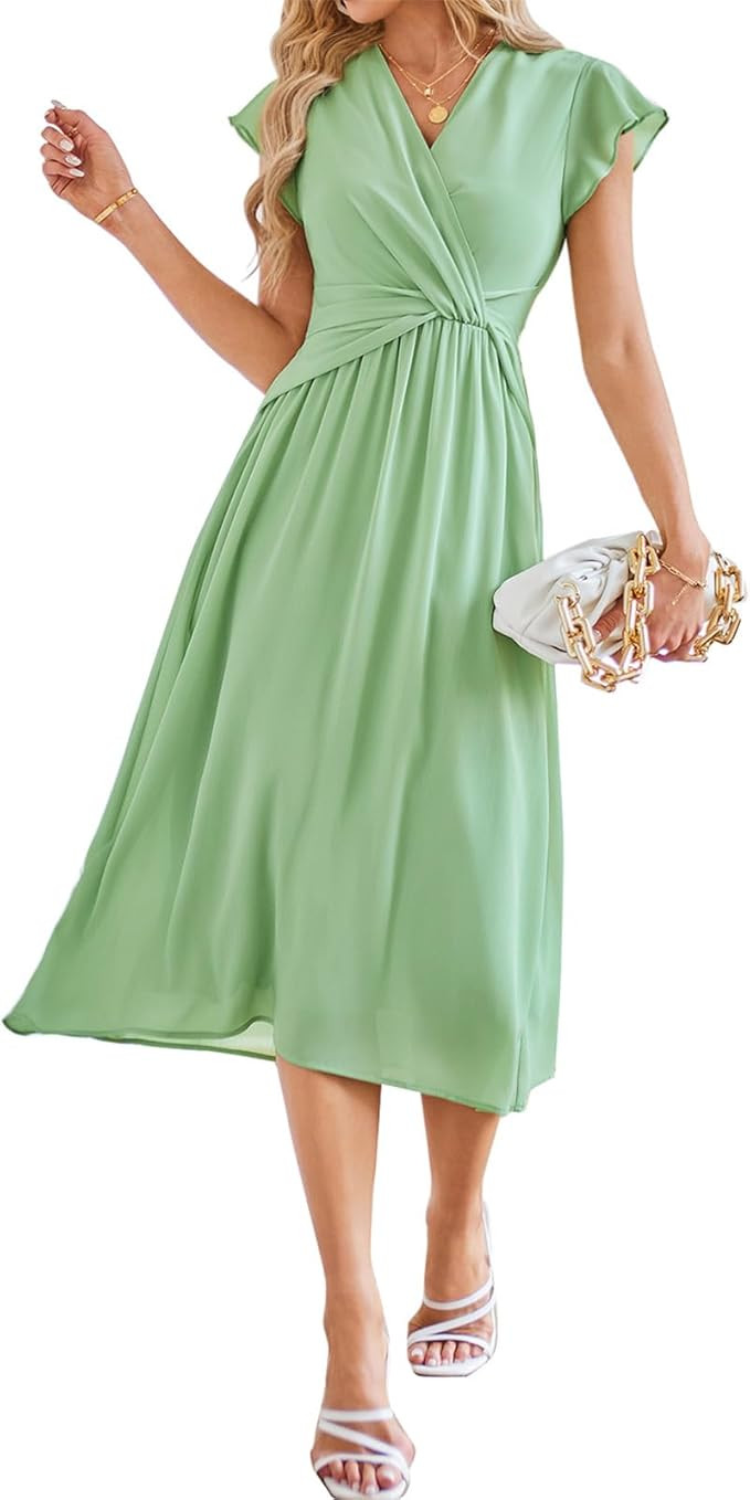 JASAMBAC Womens Dresses Casual Ruffle Short Sleeves Chiffon Empire Waist Elastic V-Neck Wedding G... | Amazon (US)