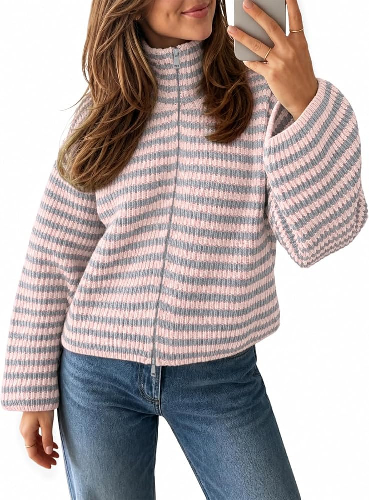 Saodimallsu Womens Striped Zip Up Sweaters Mock Neck 2026 Fall Trendy Casual Long Sleeve Loose Fi... | Amazon (US)