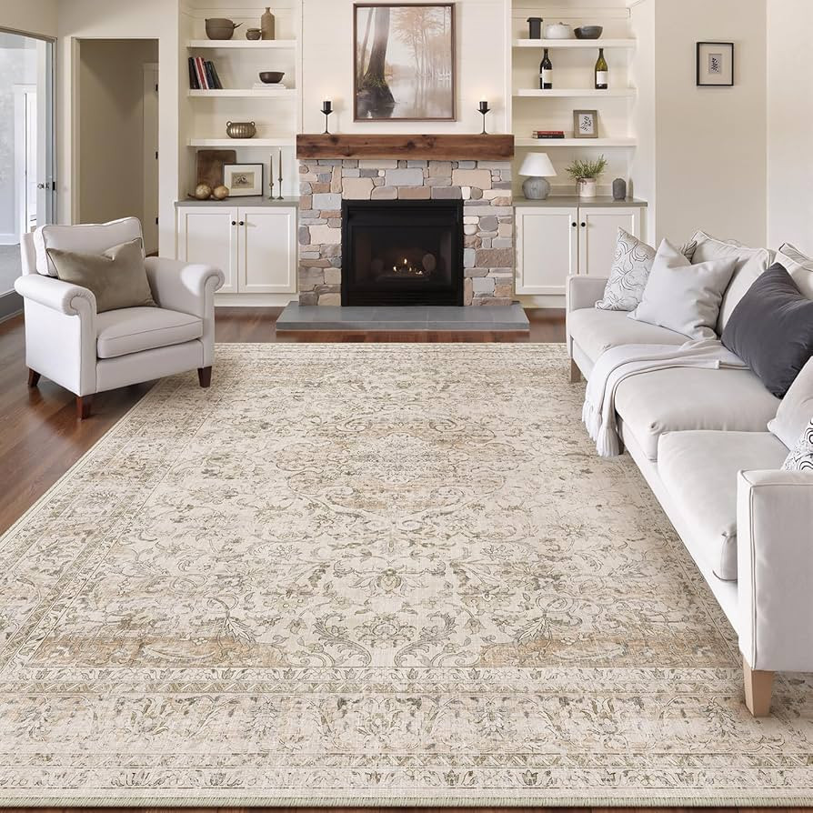 WondRg 8x10 Washable Area Rug for Living Room Bedroom Beige Vintage Carpet Low Pile Soft Thin Tap... | Amazon (CA)