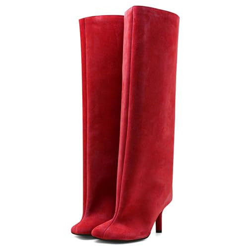 VOZTOLLS Knee High Boots Women Square Toe Kitten Heel Tall Boots Suede Wide Calf Pull-on Comfortable Fashion Dress Heeled Long Boots Red Size 9.5 | Amazon (US)