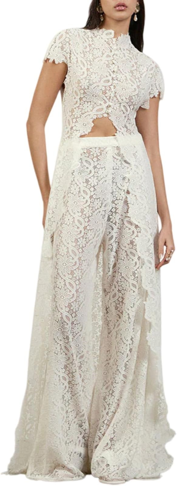 Women's Elegant Avant-Garde Lace 2Piece Set Short Sleeve High Low Top High Rise Wide Leg Pants La... | Amazon (US)