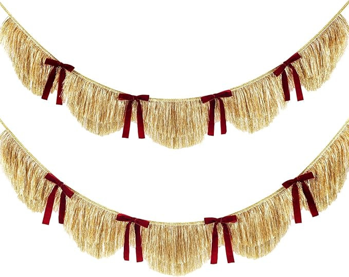 2 Gold Fringe Banner with Wine Red Bow Fringe Garland Scalloped Layered Tassel Gold Party Decorat... | Amazon (US)