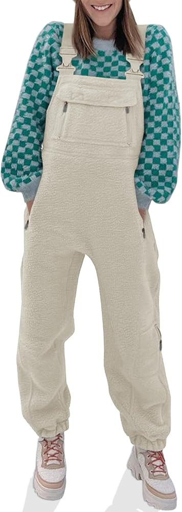 Tongmingyun Women's Cute Fleece Overalls Winter Warm Casual Jumpsuits with Zipper Pockets | Amazon (US)